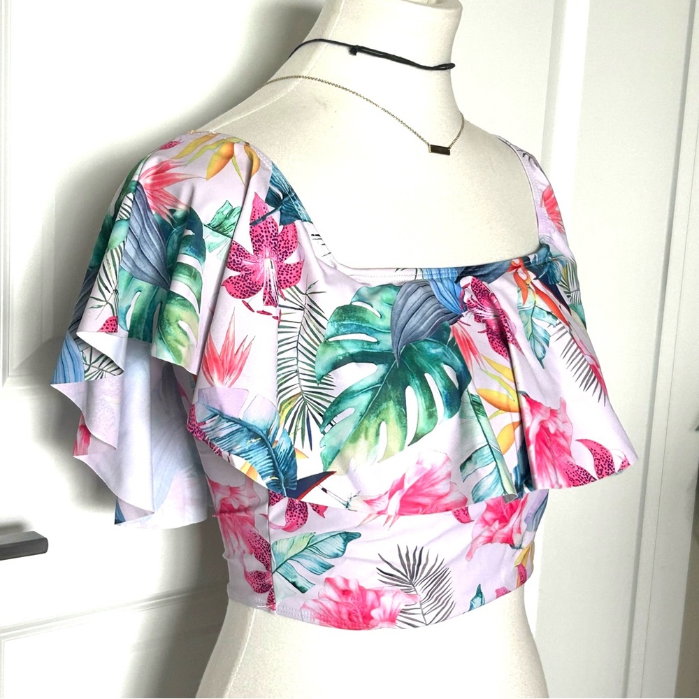 NWT 2 Piece Tropical Swim Suit High waisted Bikini Floral Palm - Picture 3 of 12